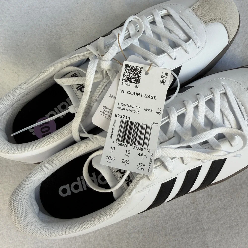New‎ Adidas Mens Size 10.5 VL Court Base White Black Gum Sole Sneakers